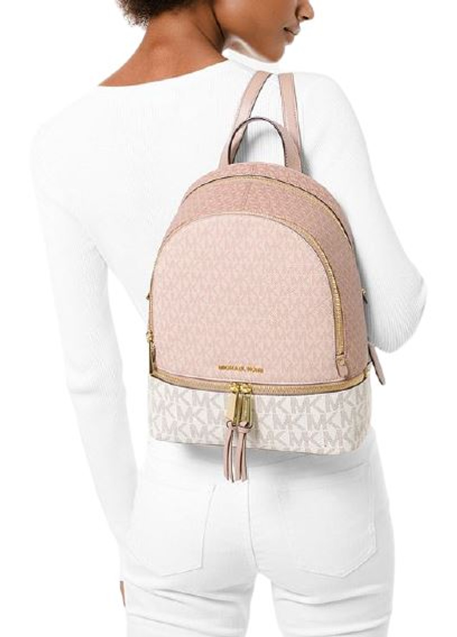 Michael Kors Signature Logo Rhea Zip Medium Tri-Color Pearl Backpack