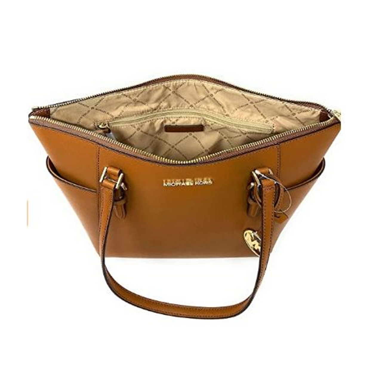 Michael Kors Charlotte Large Leather Top-Zip Tote Bag- Brown