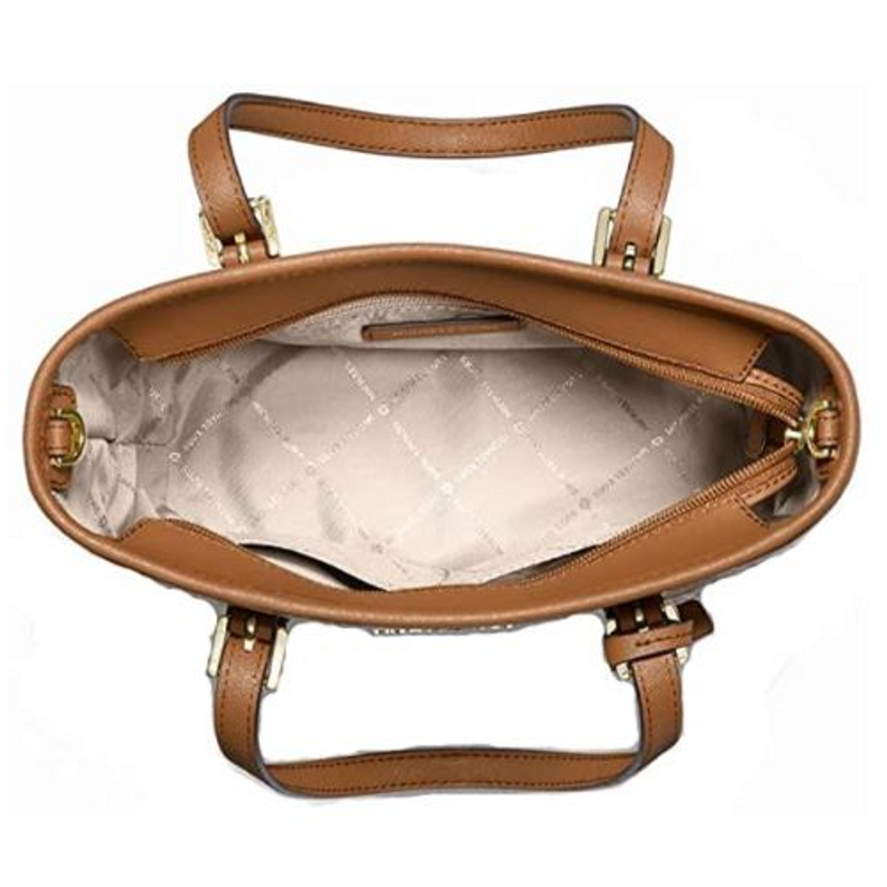 MIchael Kors Jet Set Travel Tote Handbag Brown & White Charm Top Zip E-1403