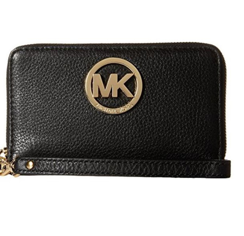 Michael Kors Fulton Black Gold Large Flat MF Phone Case Leather 32H5GFTE4L NEW 32H5GFTE4L-001