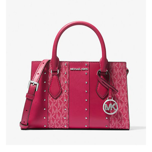 Michael Kors Sheila Small Studded Patchwork and Signature Logo Satchel (Dark Raspberry) 35T5S6HS5B-984
