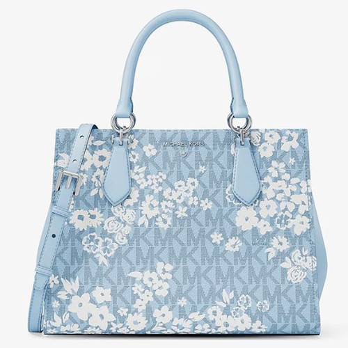 Michael Kors Marilyn Medium Printed Signature Logo Satchel 35S6S6AS2Y-Pale Ocean