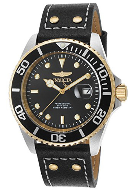 Invicta Men's 'Pro Diver' Quartz Stainless Steel and Leather Automatic Watch, Color:Black (Model: 22074)