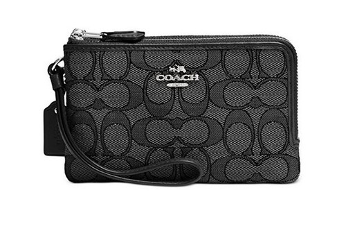 COACH Women's Signature Double Corner Zip Bag Silver/Black Smoke/Black Coin or Card Case 55361-SVDK6