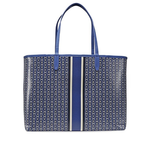 Tory Burch Gemini Link Canvas Tote Handbag in Jewel Blue Gemini Link Stripe