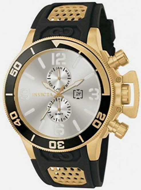 Men's Invicta 80213 Corduba Goldtone GMT Silver Dial Black Polyurethane Rubbe...