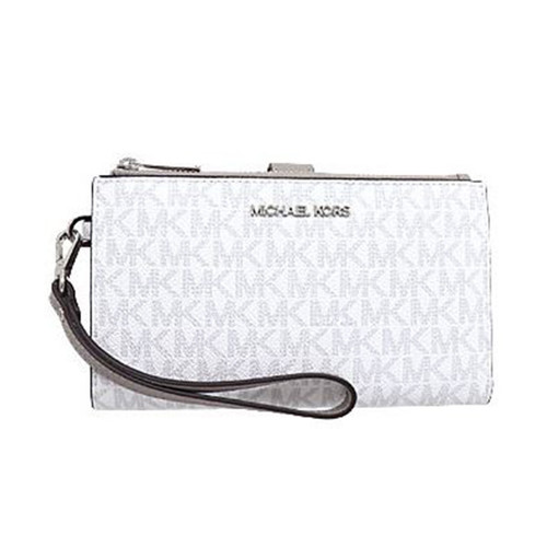Michael Kors Jet Set Travel Double Zip PVC Signature Wristlet Wallet in Bright White 35F8STVW0B-085