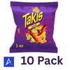 Takis Fuego Rolled Tortilla Chips 10-pack includes ten 1 oz snack-size bags with bold hot chili pepper and lime flavor.