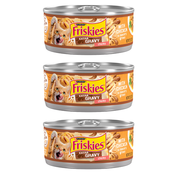 Purina Friskies Gravy Pleasers Chicken – 3 cans of 5.5 oz wet cat food. Tender chicken in savory gravy with complete adult cat nutrition.