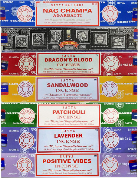 Satya Premium Mix Assorted Incense Sticks – 6 Pack features hand-rolled aromatic scents like Nag Champa, Sandalwood, Lavender & more for meditation, relaxation, and home ambiance.