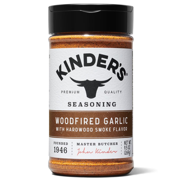 Kinder’s Woodfired Garlic Rub with Smoked Flavor (9.5 oz) delivers bold garlic and smoky BBQ flavor for steak, ribs, chicken, and grilling.