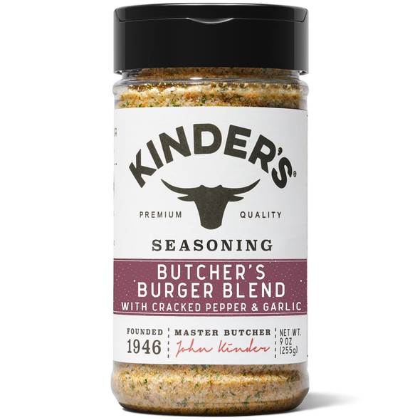 Kinder’s Butcher’s Burger Blend Seasoning (9 oz) delivers classic butcher-style flavor for juicy burgers, sliders, and smash burgers.