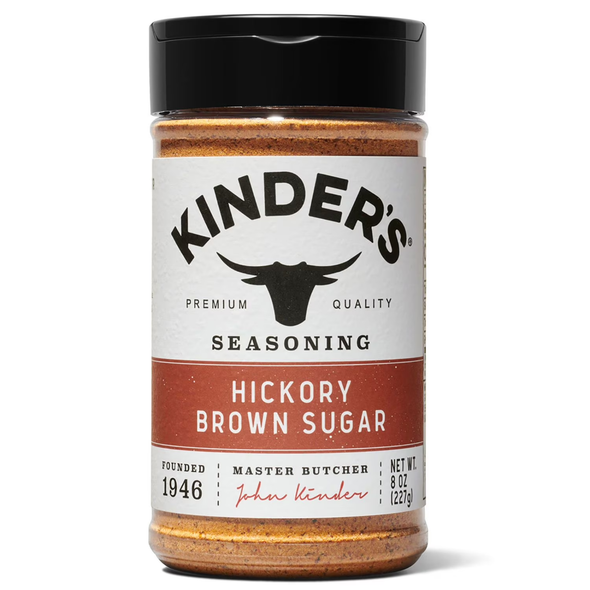 Kinder’s Hickory Brown Sugar Seasoning (8 oz) blends sweet brown sugar with hickory smoke for bold BBQ flavor on ribs, chicken, and pork.