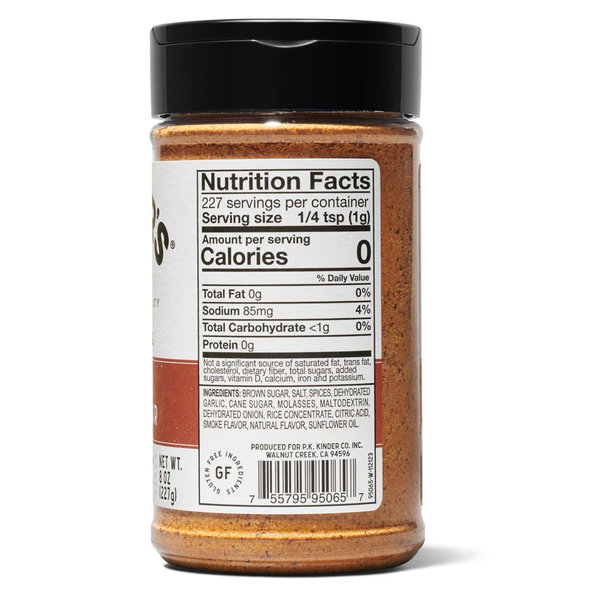 Kinder’s Hickory Brown Sugar Seasoning (8 oz) blends sweet brown sugar with hickory smoke for bold BBQ flavor on ribs, chicken, and pork.