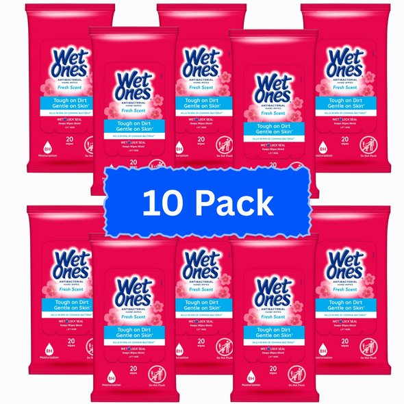 Wet Ones Antibacterial Hand Wipes Travel Pack – Fresh Scent (20 Count, 10 Pack) kills 99.99% of germs and is perfect for travel, families, and everyday hygiene.