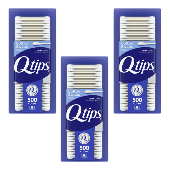 Q-tips Cotton Swabs Original 500 Count (3 Pack) provide gentle, reliable hygiene and beauty care with 100% cotton tips—1,500 swabs total.