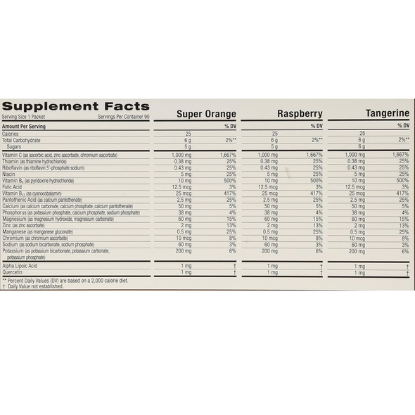 Emergen-C 1000 mg Vitamin C Daily Immune Support Variety Pack includes 30 packets in Orange, Raspberry, and Tangerine flavors with antioxidants and B vitamins.