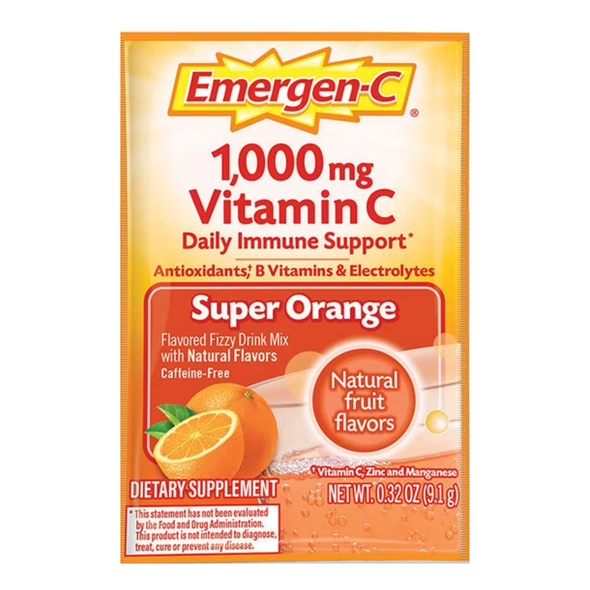 Emergen-C 1000 mg Vitamin C Daily Immune Support Drink Mix Orange flavor includes 30 single-serve packets with antioxidants and B vitamins.