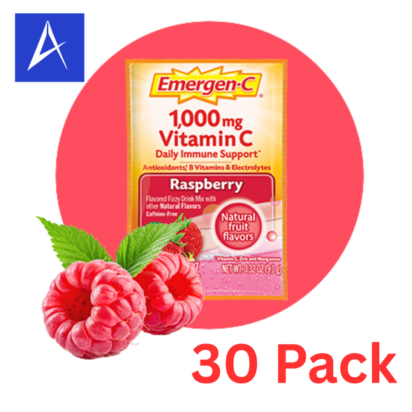 Emergen-C 1000 mg Vitamin C Daily Immune Support Drink Mix Raspberry flavor includes 30 single-serve packets with antioxidants and B vitamins.