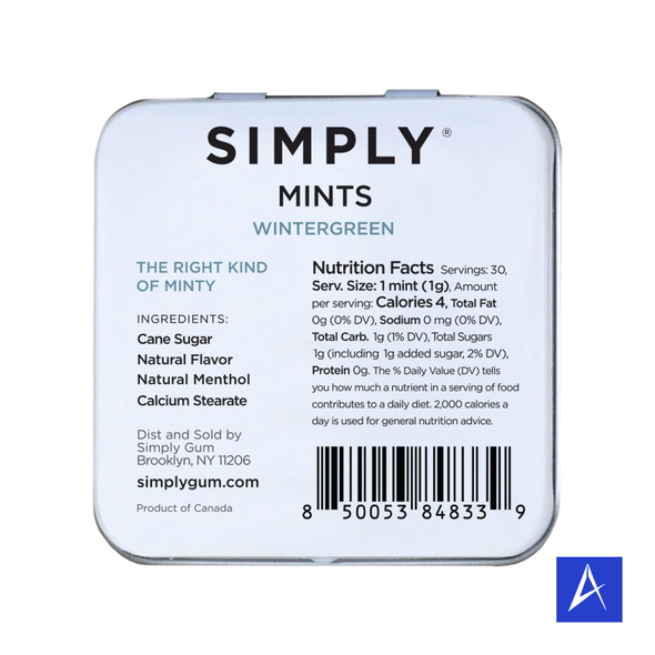 Simply Mints Wintergreen delivers crisp, cooling breath freshness in a compact tin with 30 clean-ingredient mints.