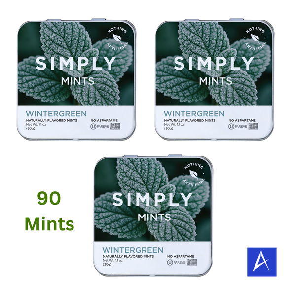 Simply Mints Wintergreen 3 Pack includes 90 crisp, cooling breath mints made with clean ingredients in three convenient travel-friendly tins.