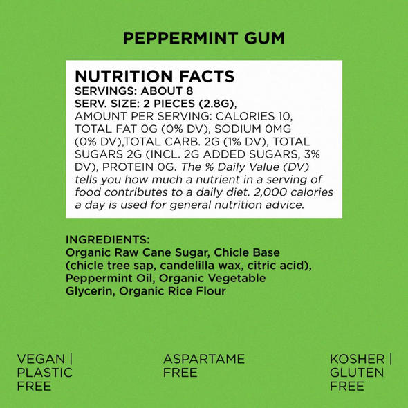 Peppermint Chewing Gum made with a natural, plastic-free gum base delivers clean, refreshing flavor in a 15-piece pack.
