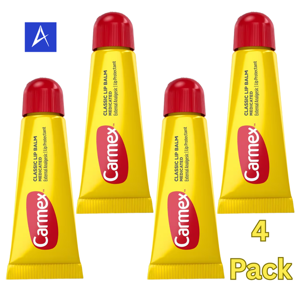 Carmex Original Lip Balm 4-pack includes four 0.35 oz lip balms that help soothe and protect dry lips with long-lasting moisture.
