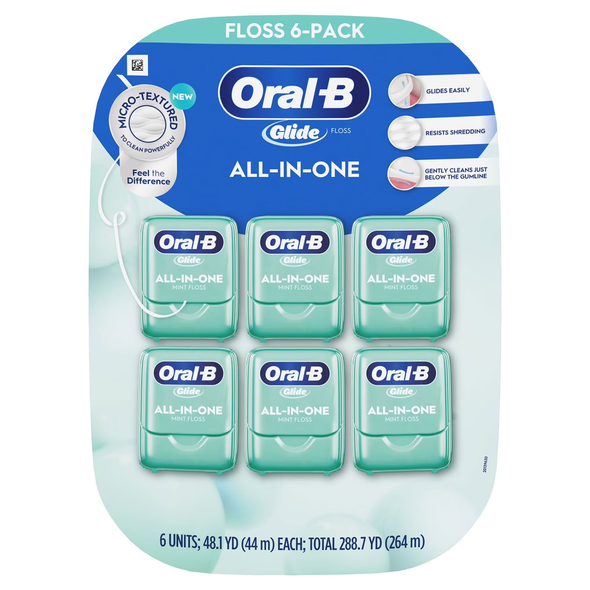 Oral-B Glide All-In-One Dental Floss mint flavor includes six 44 m floss containers, providing a smooth, shred-resistant flossing experience with 866.1 feet total.