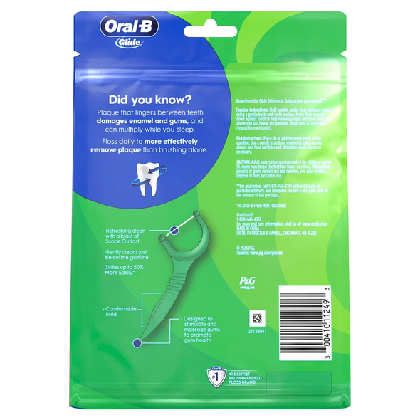 Oral-B Glide Floss Picks Scope Outlast mint flavor include 300 disposable floss picks with smooth Glide floss for convenient daily oral care.