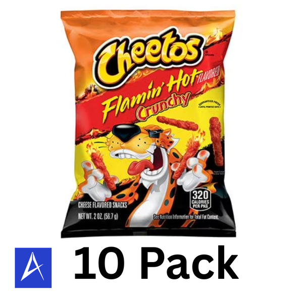 Cheetos Flamin’ Hot Crunchy Cheese Snacks 10-pack includes ten 2 oz single-serve bags with bold spicy heat and crunchy cheesy flavor.