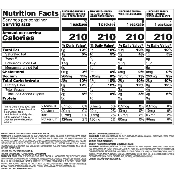 SunChips Whole Grain Garden Salsa includes six 1.5 oz snack bags with crunchy multigrain chips and bold zesty flavor for lunches and snacks.
