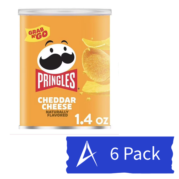 Pringles Grab N’ Go Cheddar Cheese Potato Crisps 6-pack includes six 1.4 oz snack cups with bold cheddar flavor and classic stackable crunch.