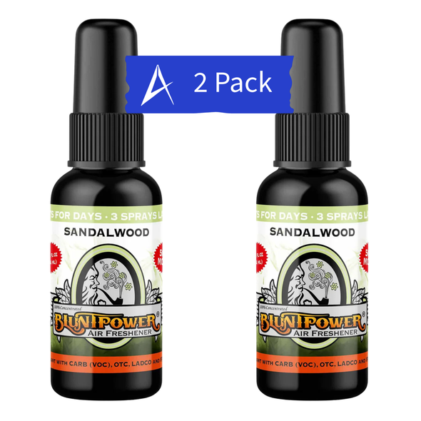 BluntPower Sandalwood Odor Eliminator & Diffuser Oil Air Freshener Spray 2 Pack. Long-lasting oil-based fragrance spray for home, car, and office freshness.