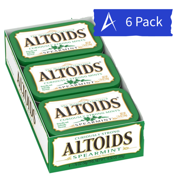 Altoids Spearmint Breath Mints 6 Pack. Curiously strong spearmint mints in classic 1.76 oz tins for long-lasting breath freshness.