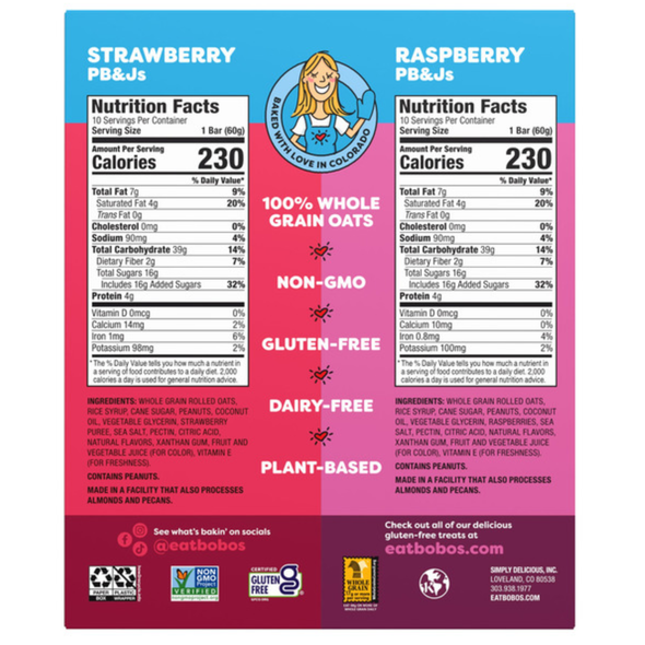 Shop Bobo’s PB&J Raspberry Oat Sandwich Bars 6 Pack. Soft-baked, gluten-free snack with peanut butter and real raspberry filling—perfect for on-the-go energy.