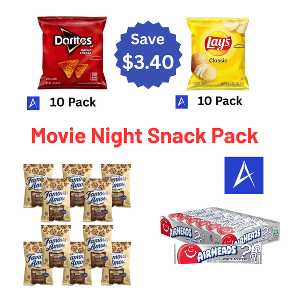 Movie Night Snack Pack from A Complete Cart — 66 individually wrapped Doritos, Lay's, Famous Amos cookies, and Airheads White Mystery taffy bars in one curated bundle, perfect for family movie nights, parties, road trips, and office breakrooms.