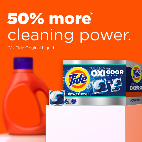Shop Tide Power PODS + Ultra OXI Laundry Detergent — 18 Power Pods at 2× strength = 36 base PODs. Tackles heavy soils, stains, and odors. HE compatible.