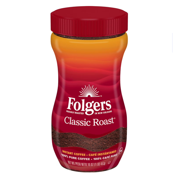 Shop Folgers Classic Roast Instant Coffee Crystals — 16 oz value jar, 100% pure mountain-grown coffee, ready in 10 seconds with just hot water.