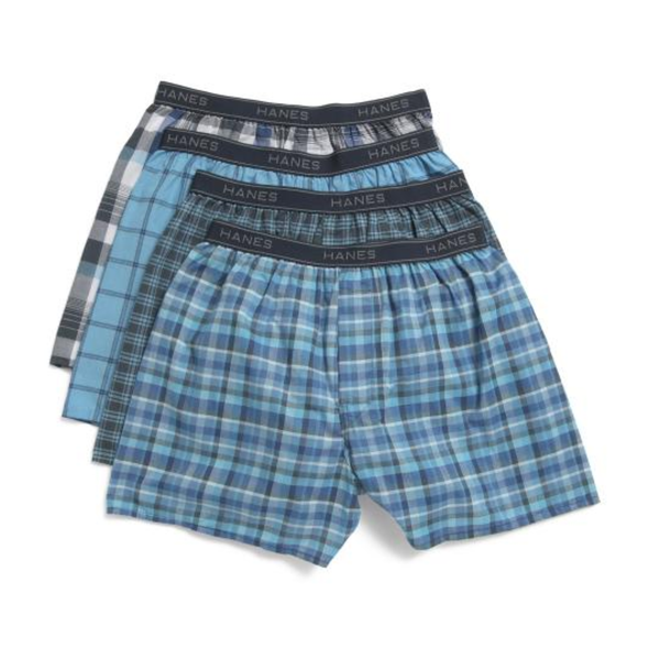 Shop Hanes Men's 4-Pack Yarn Dyed Woven Boxers Size Medium (Waist 32-34 in). Assorted colors and plaid designs, tagless waistband, no-gap fly.
