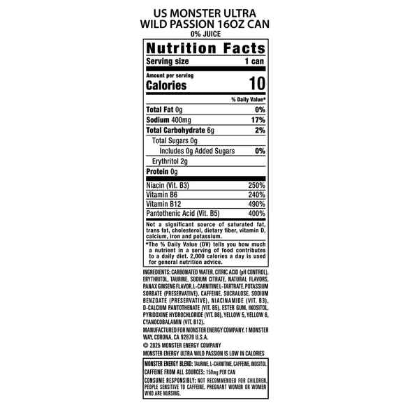 Shop Monster Ultra Wild Passion Zero Sugar 16oz at A Complete Cart. Zero-sugar energy drink in a 16 fl oz can with approx. 150 mg caffeine. Everyday low price.