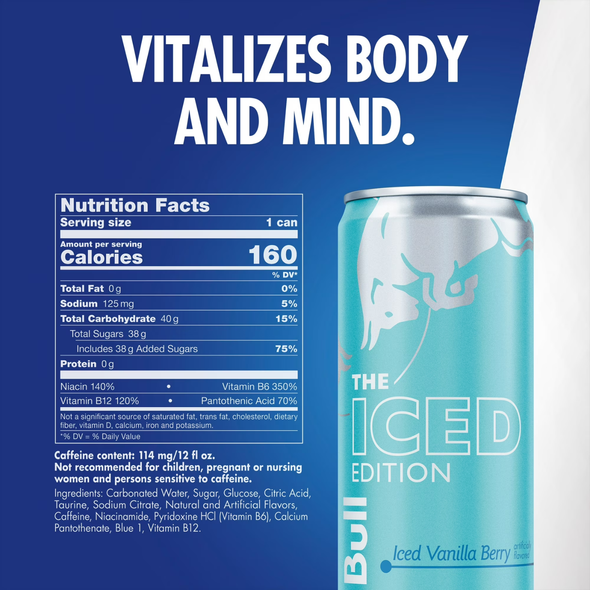 Shop Red Bull Iced Vanilla Berry 12 fl oz at A Complete Cart. Red Bull Edition energy drink in a 12 fl oz can with approx. 114 mg caffeine. Everyday low price.