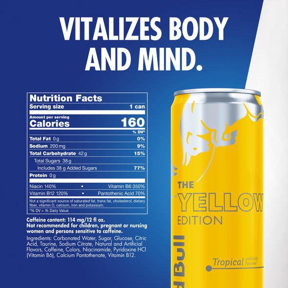 Shop Red Bull Tropical 12 fl oz at A Complete Cart. Red Bull Edition energy drink in a 12 fl oz can with approx. 114 mg caffeine. Everyday low price.