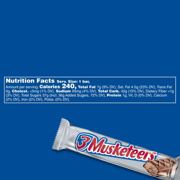 Shop 3 Musketeers Chocolate Bar 1.92oz at A Complete Cart. Whipped chocolate nougat in milk chocolate — the light one. Full-size 1.92 oz bar. Great value.