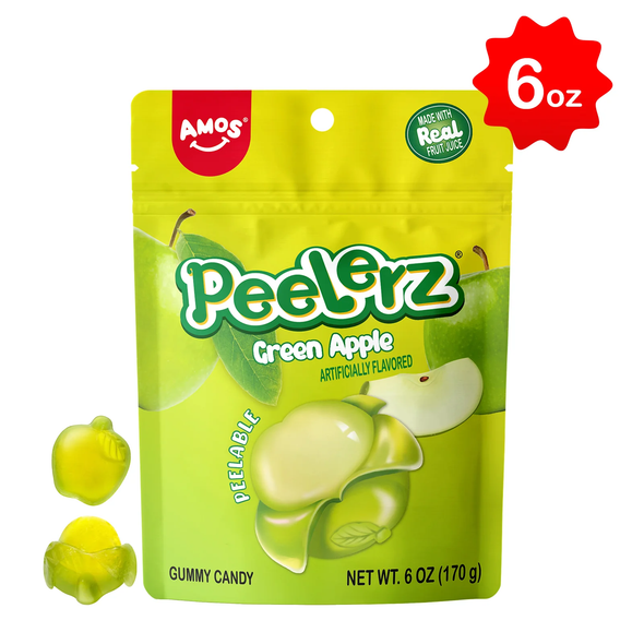 Shop Amos Peelerz Green Apple Gummy Candy 6oz at A Complete Cart. Peelable gummy strands in bright green apple flavour. Soft, chewy and fun to pull apart.