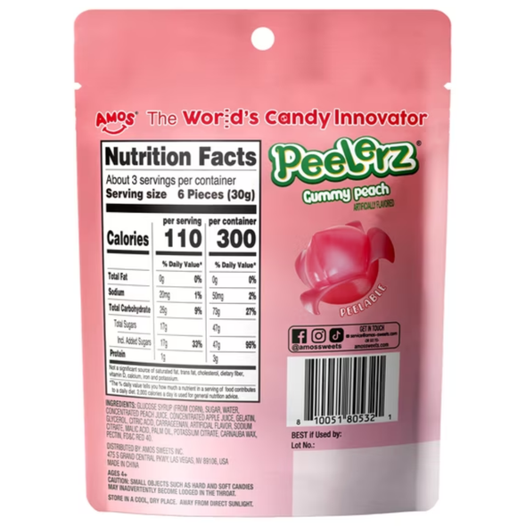 Shop Amos Peelerz Peach Gummy Candy 3oz at A Complete Cart. Peelable gummy strands in bright peach flavour. Soft, chewy and fun to pull apart. 3 oz bag.