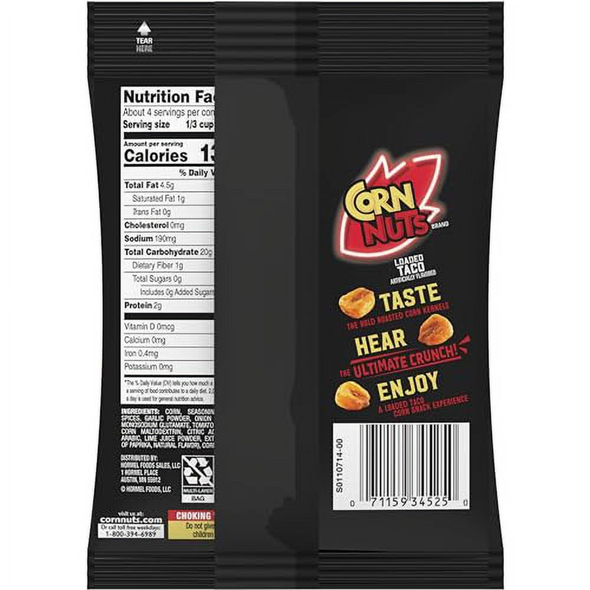 Shop Corn Nuts Loaded Taco 4oz at A Complete Cart. Toasted corn kernels in full taco seasoning — cumin, chilli and cheese. Local delivery in Atlanta.