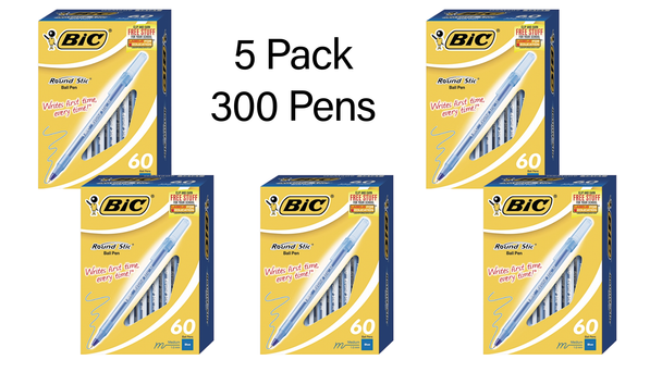 BIC Round Stic Ballpoint Pens – Blue Ink, 300 total pens (5 × 60 packs). Smooth medium point writing pens perfect for school, office, and home.