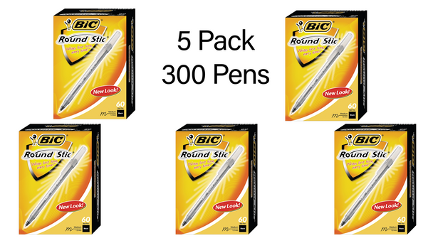 BIC Round Stic Ballpoint Pens – 300 pens (5 × 60 packs). Black ink, medium point 1.0mm. Smooth, reliable writing for school, office, and home use.