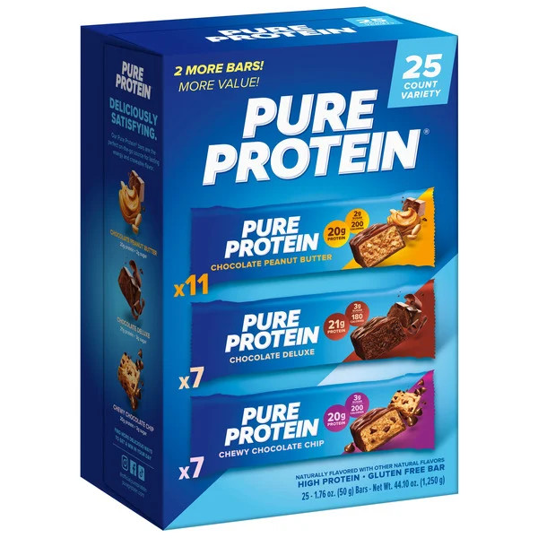Pure Protein Bars Variety Pack – 25 count, 12–21g protein per bar. Low sugar, gluten-free, and perfect for workouts, meal replacement, and healthy on-the-go snacking.