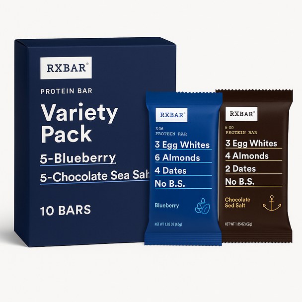 RXBAR Protein Bar Variety Pack includes 5 Blueberry and 5 Chocolate Sea Salt bars, each with 12g protein and whole-food ingredients. Gluten-free, dairy-free, and perfect for on-the-go snacking.